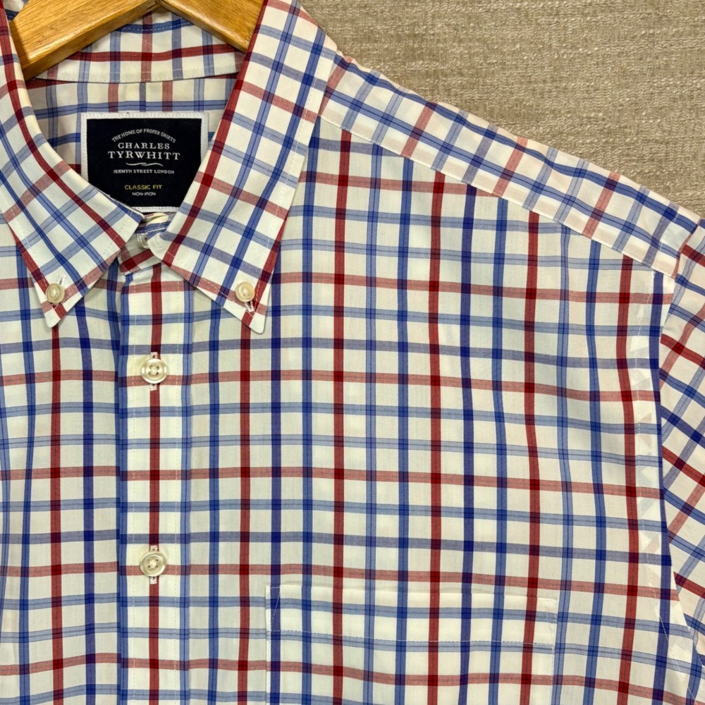 Charles Tyrwhitt Classic Fit Non-Iron Mens LG Red White Blue Check Plaid LS EUC